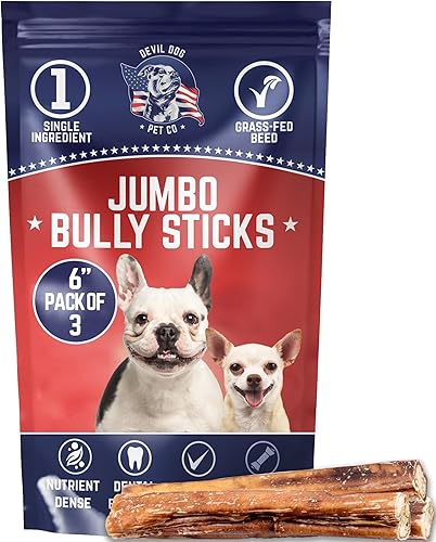 Devil Dog Pet Co. Jumbo Bully Sticks – 6 pulgadas, paquete de 3 masticables para perros, 100% naturales, de un solo ingrediente, carne de res