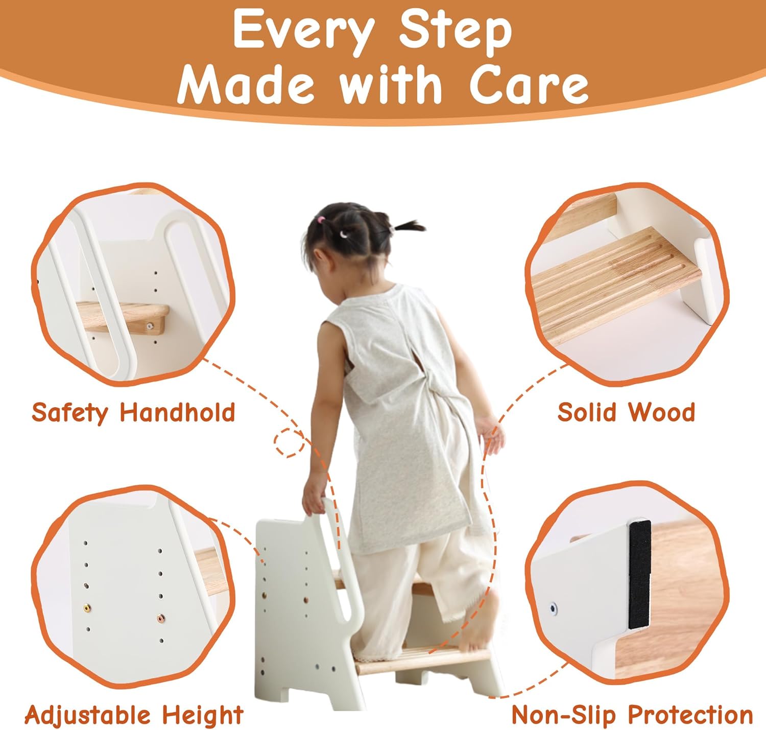 Wooden Toddler 2 Step Stool with Handles,Adjustable Height Design,Portable Bamboo Step Stool for Kitchen&Bathroom,Stable Climbing Support for Little Kids(Beige)