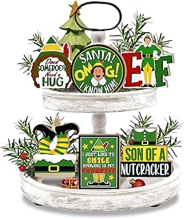 7 Pcs Christmas Green Elf Tiered Tray Decor, Funny Xmas Son of A Nutcracker Farmhouse Wood Decorations Set, Winter Holiday Rustic Wooden Decorative Signs for Home Table Shelf