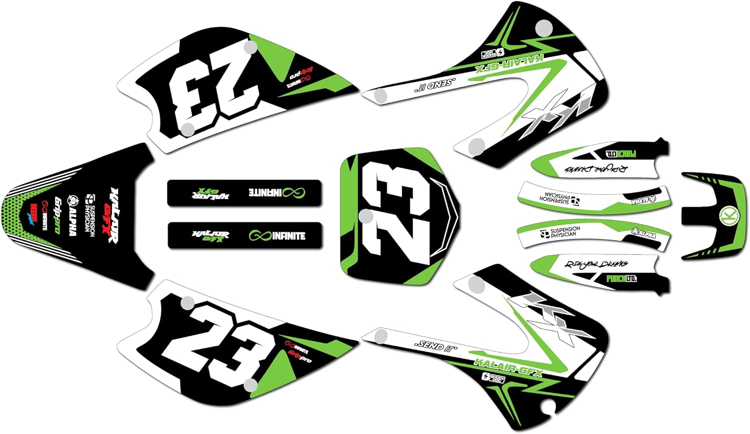 Graphics Kit for Kawasaki KX85 / KX100 (2001-2013) Evader Series Green-Shift 9 Mil - Easy Go - Dirt Pit Bike Motorcycle Sticker, Dirtbike Racing Decal Motocross Accessories no-Plastics