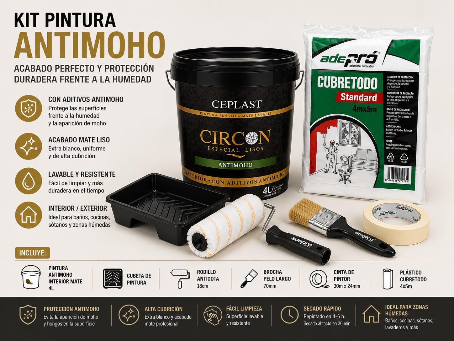 Kit Pintura Antimoho CIRCON 4L + Rodillo + Cubeta + Brocha + cinta protectora + Plástico Cubretodo | Pintura Blanca Mate Lavable Interior Exterior | Cocina, Baño y Humedad