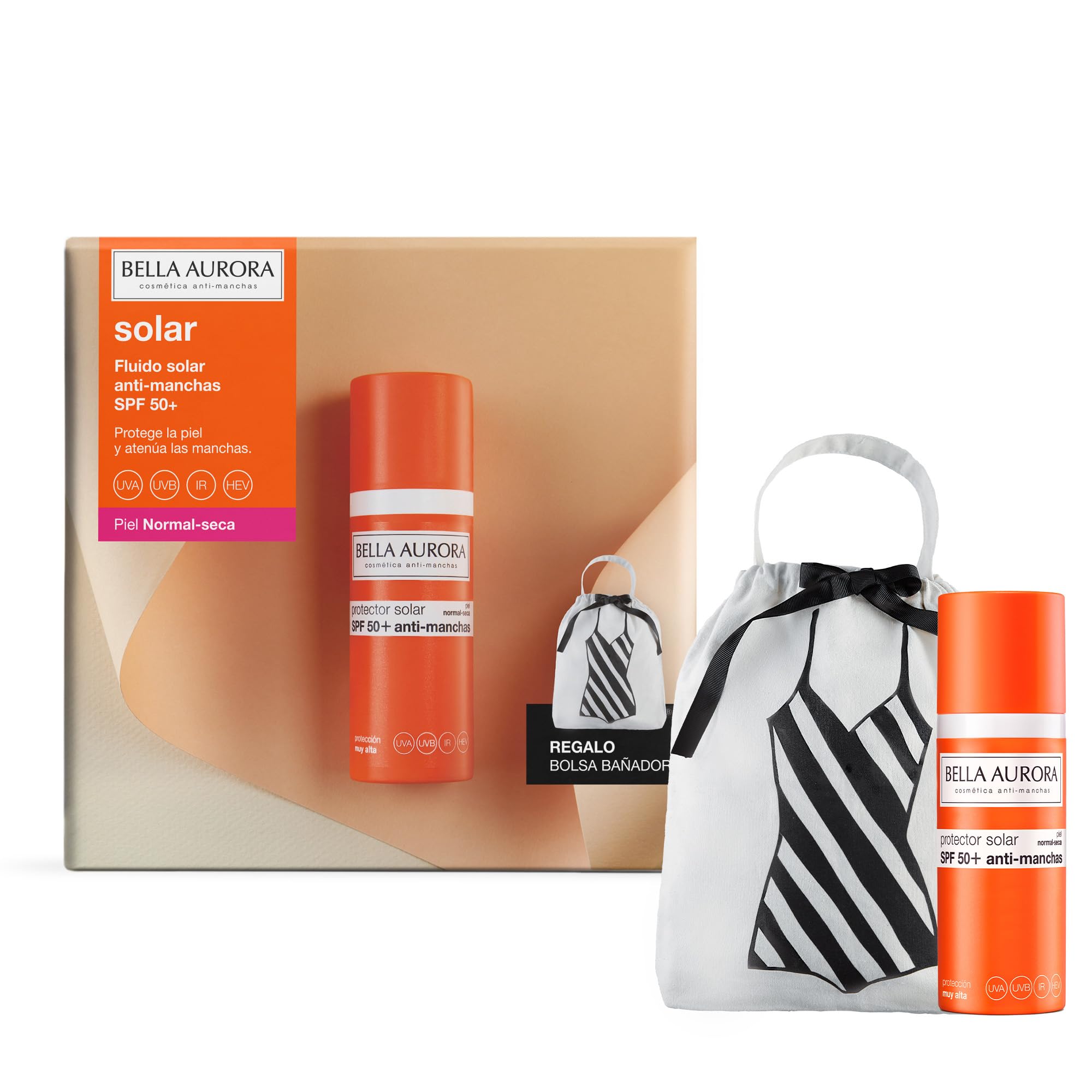 BELLA AURORA - Pack Protector Solar SPF 50+ 50 ml + Bolsa Bañador, para Piel Normal-Seca, Crema Solar Facial Antimanchas, Crema Protectora Solar, Bloqueador Solar, Absorción Rápida, Calma la Piel
