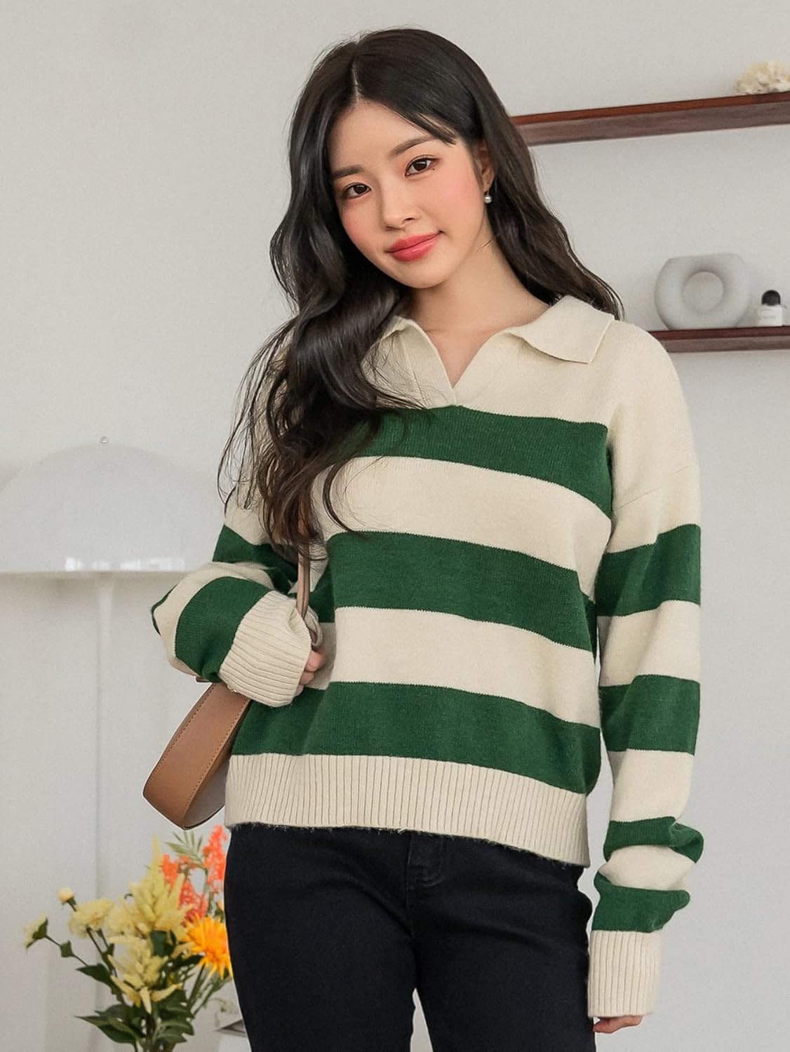 Women's Sweater Striped Pattern Drop Shoulder Polo Neck Sweater Sweater for Women (Size : Medium)