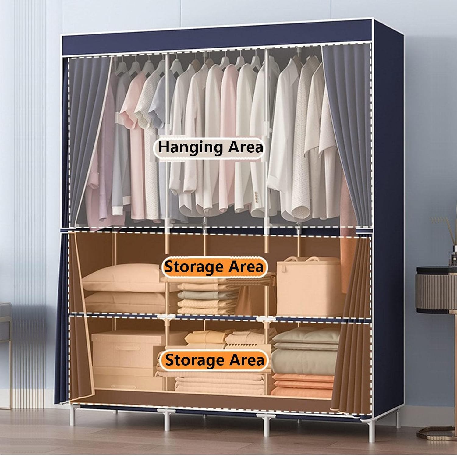 Canvas Wardrobe, Portable Fabric Wardrobe with Hanging Rail and Shelves, Clothes Closet Storage Organizer for Bedroom,Red-128x45x170cm