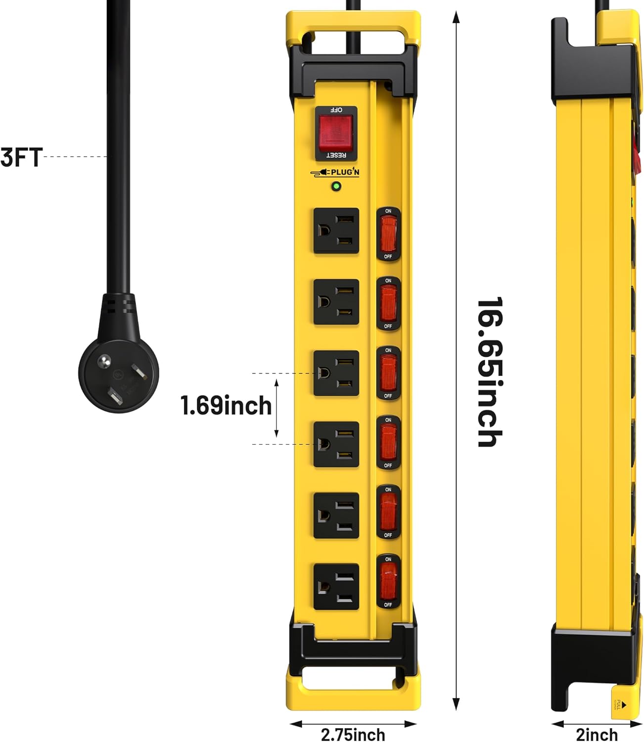 Power Strip Surge Protector 2700J with Individual Switches and Flat Plug, 3FT Heavy Duty Cord 6 Wide Spaced Outlet Mountable Metal Power Strips with Cord Manager and Hanger