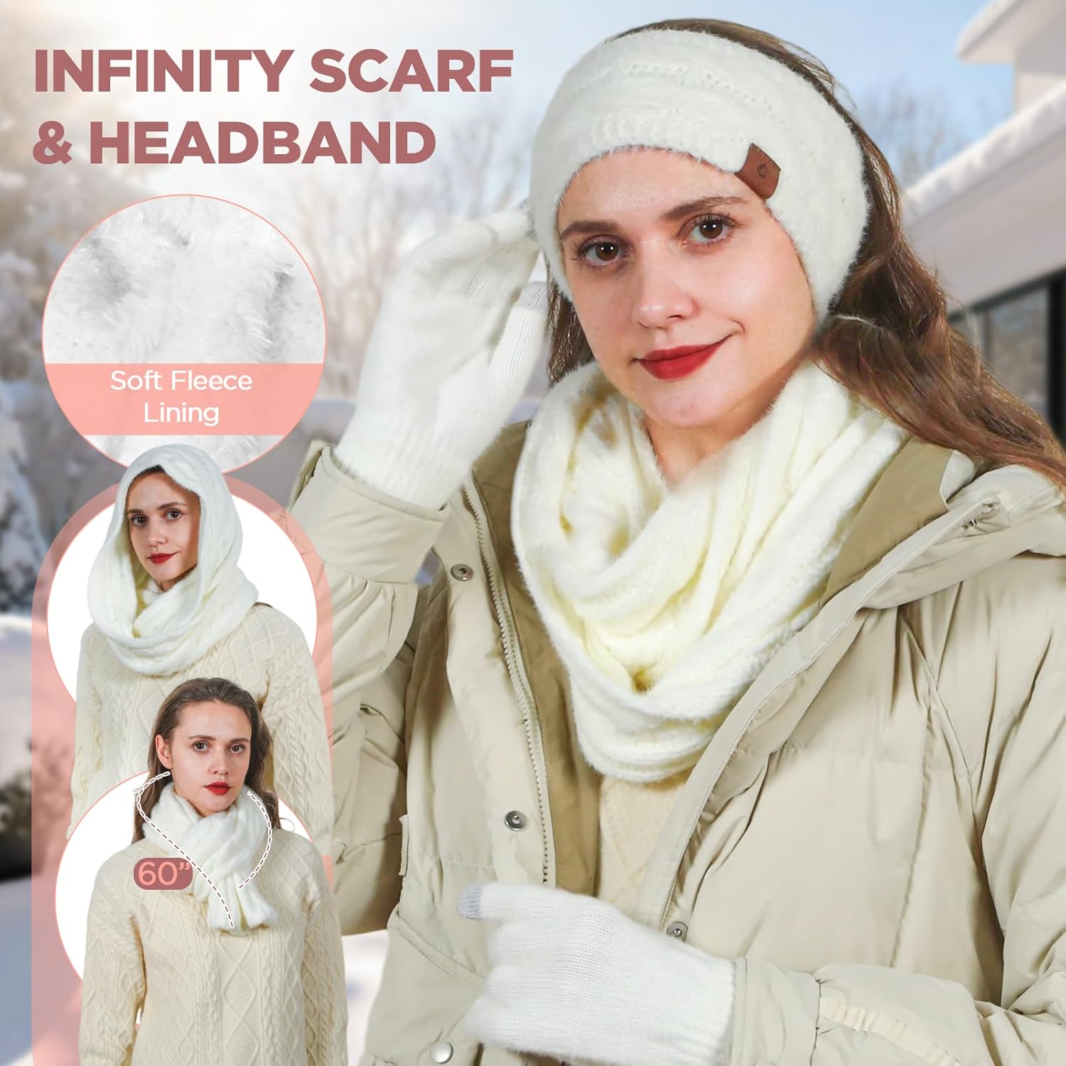 Womens Beanie Hat Infinity Scarf Touchscreen Gloves Fleece Headband 4 in 1 Winter Clothes Set Gifts for Women - Image 3