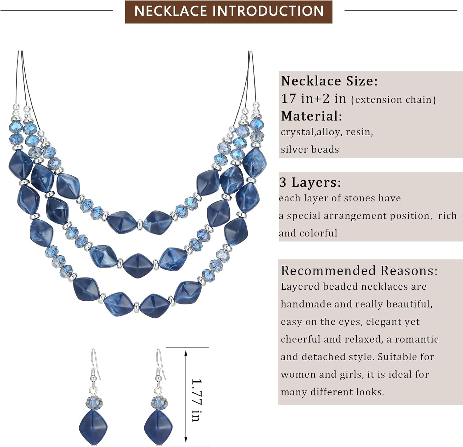 3 Layered Chunky Statement Necklace for Women Beaded Strand Necklaces with Earring Fashion Costumes Collar Necklace Jewelry Sets Gifts for Women - Image 5