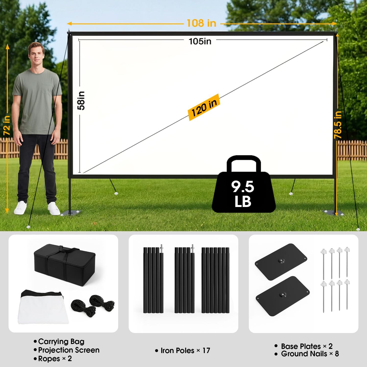 Outdoor Projector Screen with Stand, 120 inch Portable Projection kit 16:9 4K HD Wrinkle-Free Indoor Outdoor Movie Screen with Carry Bag for Home Theater and Backyard Movie Night - Image 7