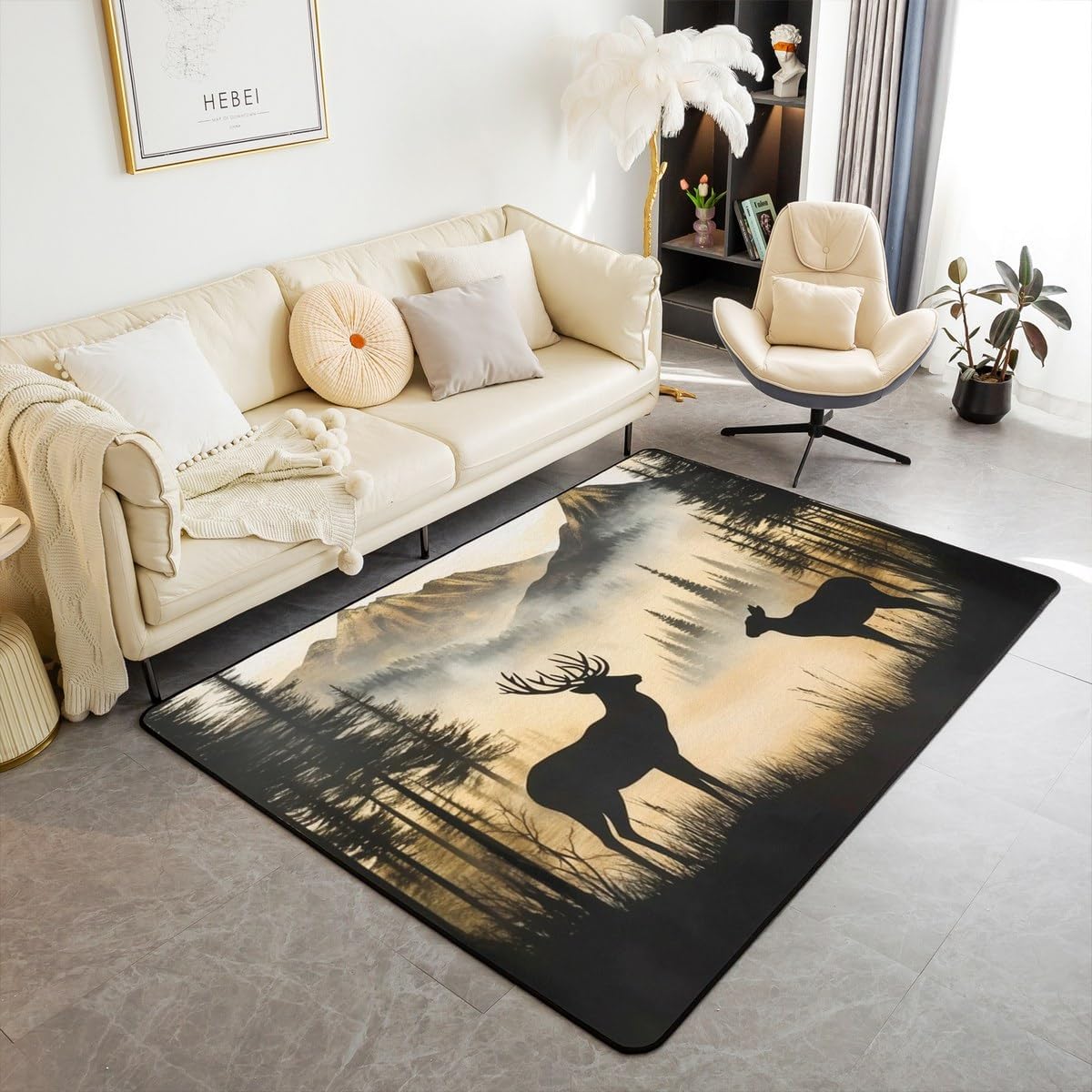 jejeloiu Cute Deer Area Rug 3x5 Deer Hunting Living Room Rugs for Kids Boys Girls Bedroom Mountain Decor Carpet with Non-Slip Backing Foggy Mountain Indoor Floor Mat Soft Polyester