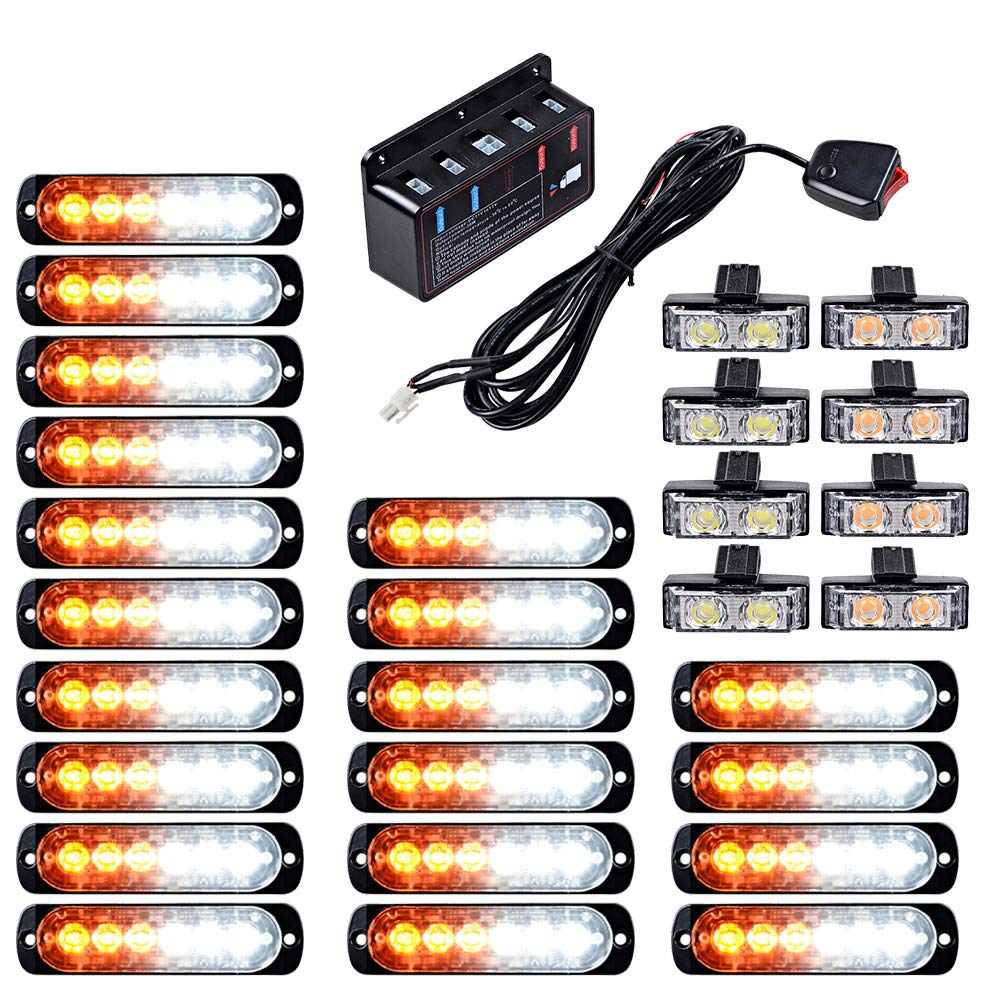 Astra Depot 20PCS Ultra Slim 6-LED 18W Emergency Hazard Caution Surface Mount Strobe Light & 8pcs Car Truck Grille Deck Dash Flashing Light - Amber White