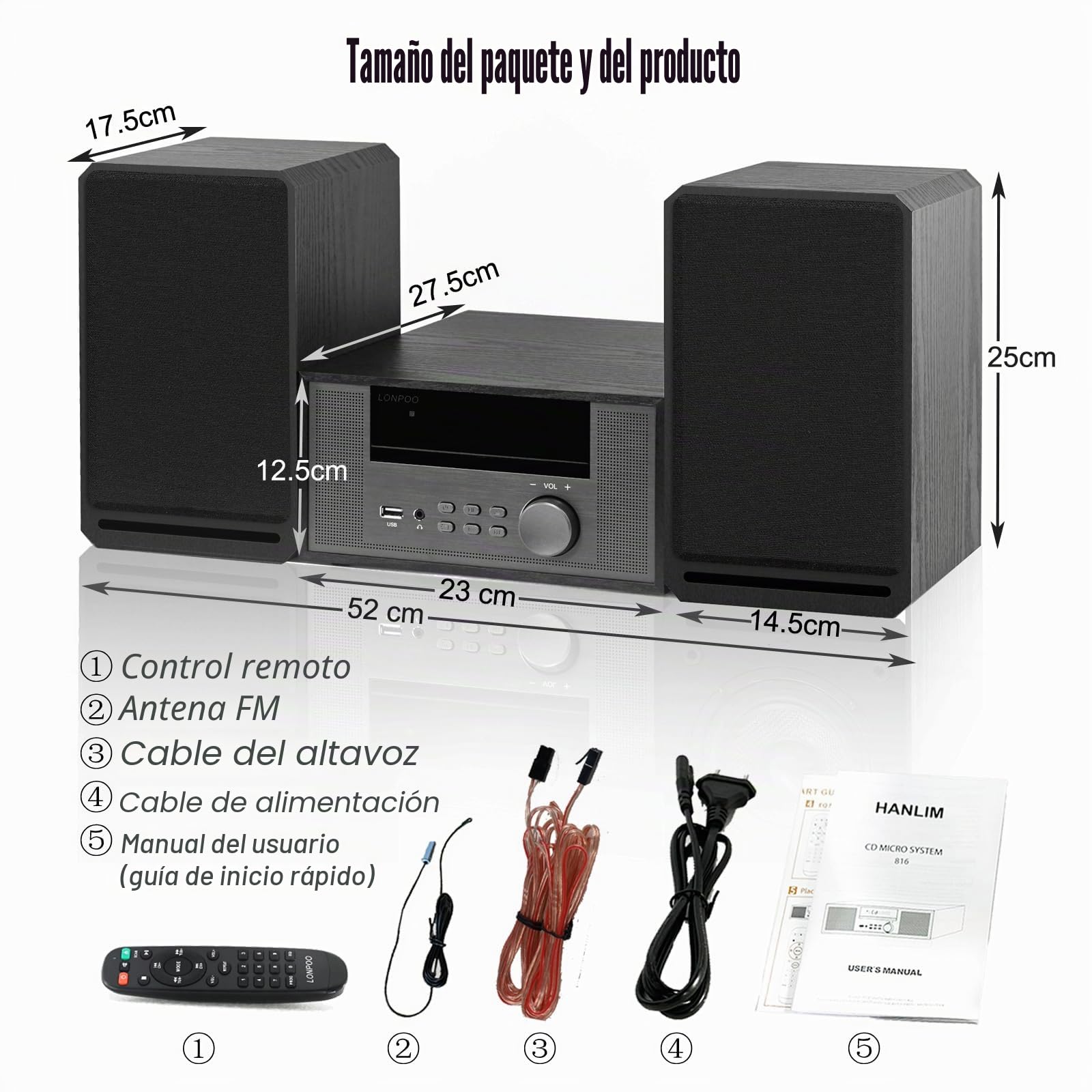 Sistema estéreo compacto Sistema micro HiFi con reproductor de CD (sistema estéreo 100 W RMS, sistema micro HiFi con Bluetooth, radio FM, USB, AUX-IN (LP-609H)