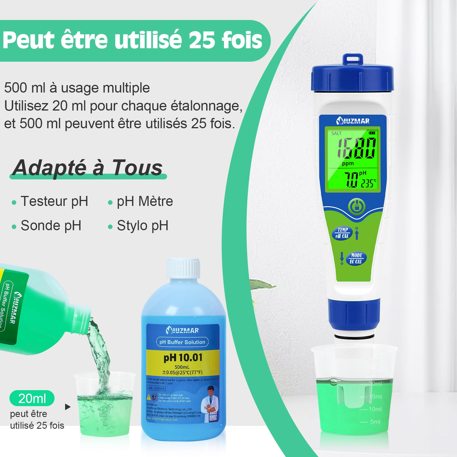 UIUZMAR Solution D'étalonnage du pH, pH 10.01/7.00 Solution 500mL Chacune, Solution D'étalonnage du Tampon pH avec Gobelet (30ml*2) pour pH mètre, Testeur de pH, Moniteur de pH, Sonde de pH