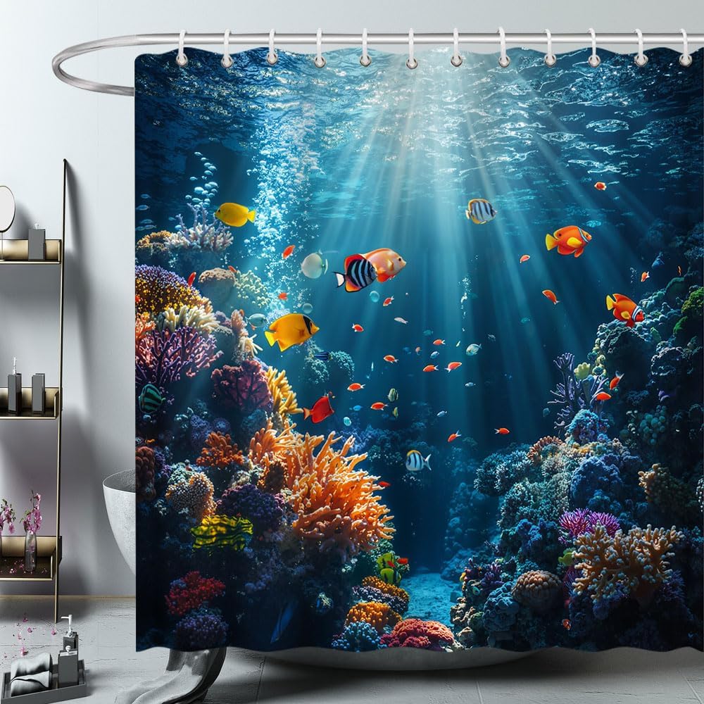 Ocean Underwater World Shower Curtain Colorful Tropical Fishes Turtle Coral in The Deep Sea Nautical Seabed Scene Bathroom Polyester Curtains Set with Hooks 70x84 Inch
