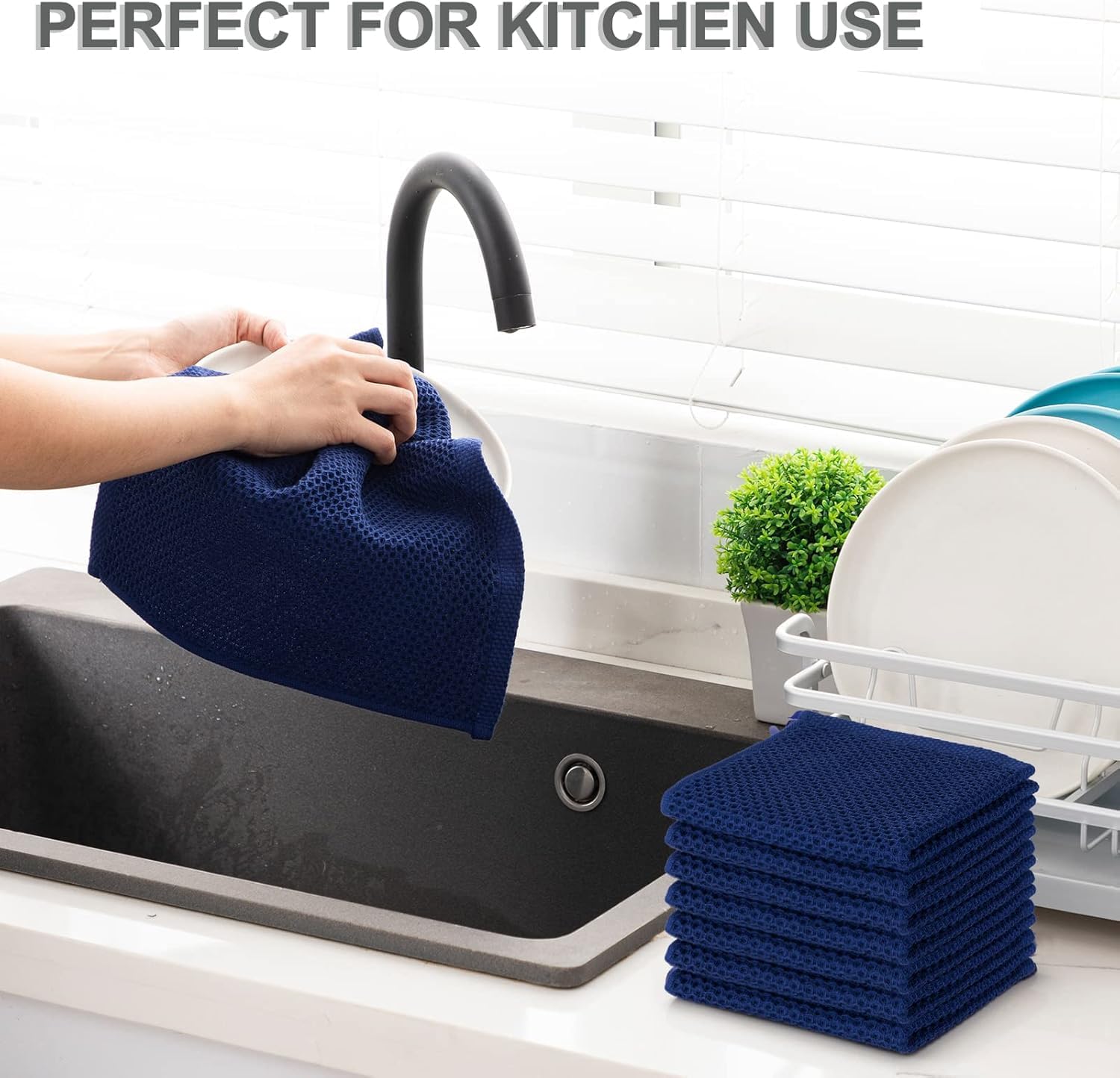 joybest Cotton Kitchen Dish Cloths, 8-Pack Waffle Weave Ultra Soft Absorbent Dish Towels Washcloths Quick Drying Dish Rags, 12x12 Inches, Navy Blue - Image 5