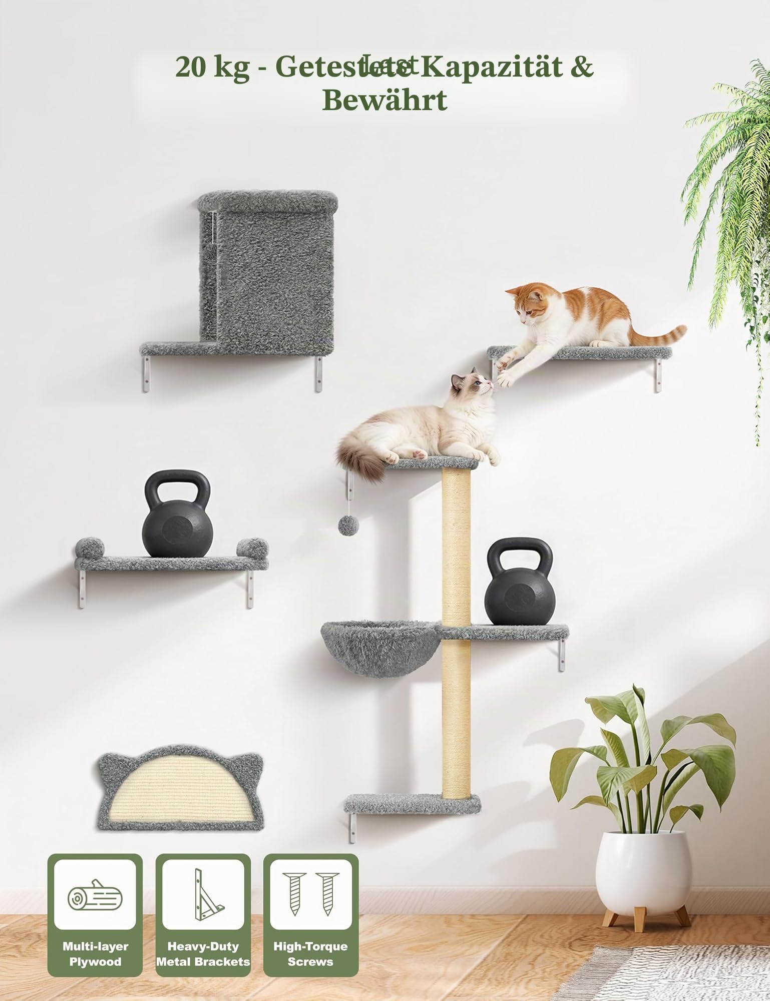 5-in-1 Katzen Kletterwand Katzenkletterwand mit Hängematte | 10-Teiliges Set mit Hängebett für Katzen bis 20 kg