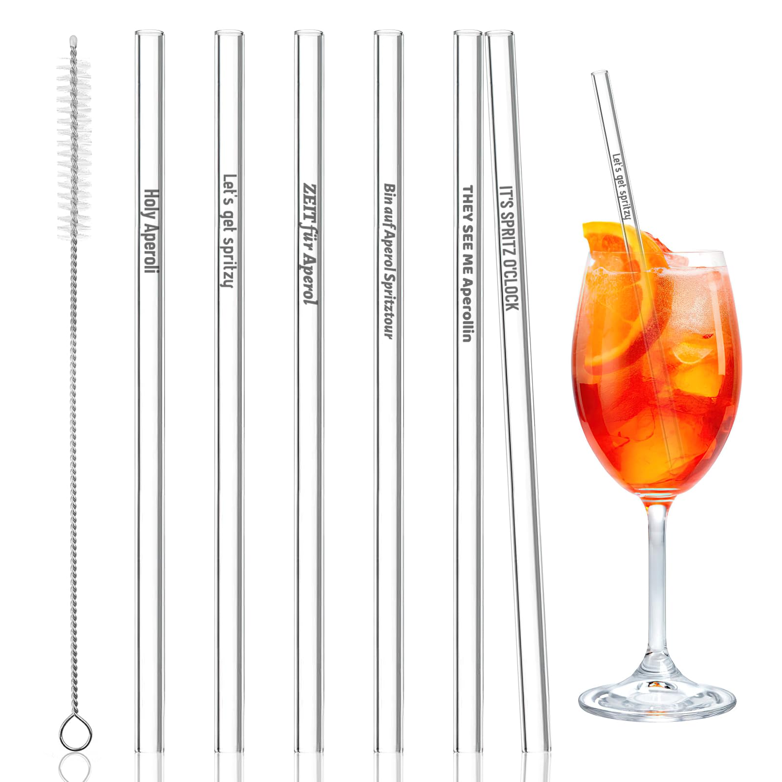 6 Stück Aperol Glasstrohhalme,20 cm Lang, Wiederverwendbar Spritz Glasstrohalm mit Reinigungsbürsten für Cocktails Küche, Haushalt & Wohnen