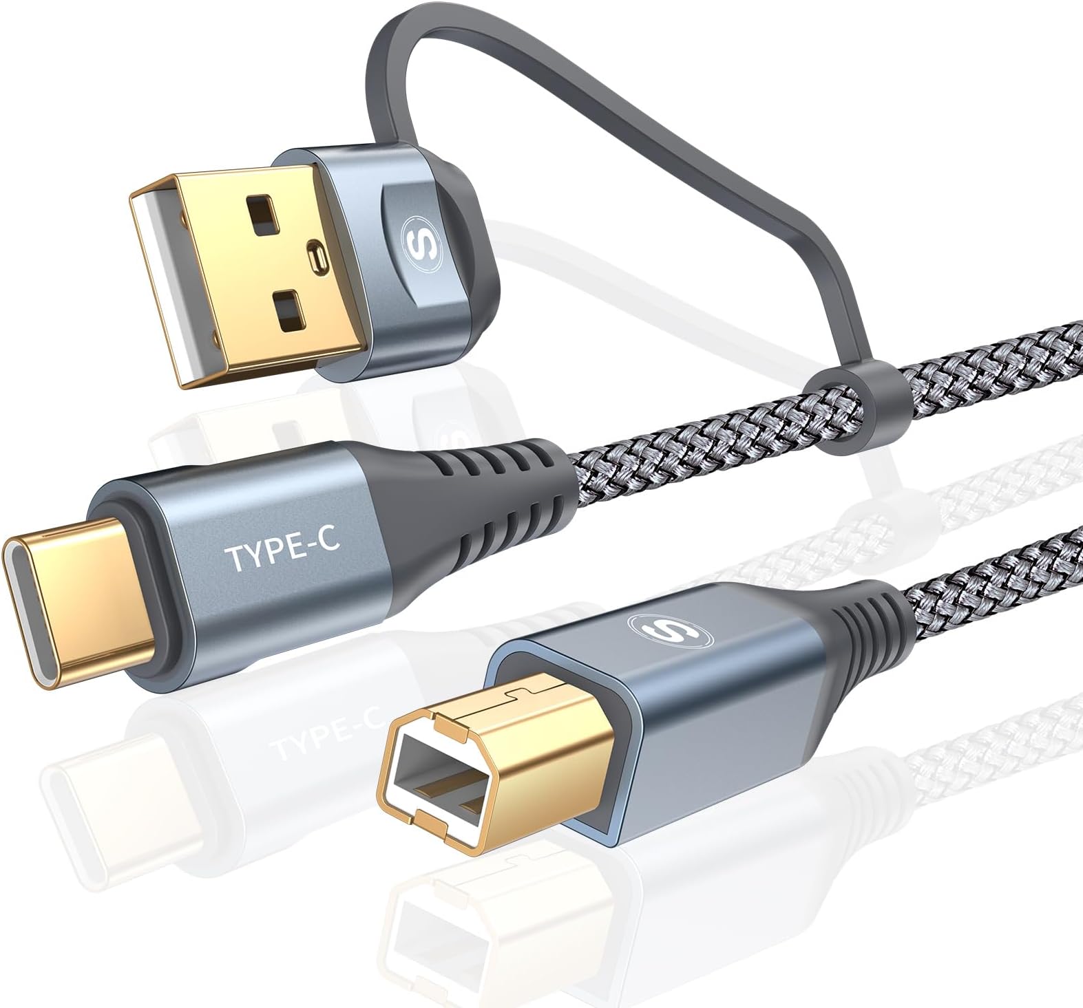 2 in 1 Printer Cable, 3M, USB 2.0 Cable (Type A Male/Type C Male to Type B Male) USB 2.0 Standard Computer and Printer Connection Cable Nylon Braided 480 Mbps High Speed Transfer Compatible with HP,