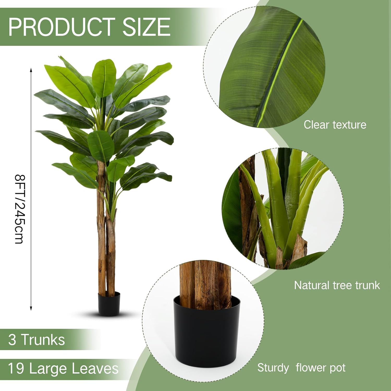 Jexine 1 Pack 8 Ft Artificial Banana Tree with Pot Faux Banana Plants Tall Faux Floor Leaf Plant with 3 Trunks and 19 Large Leaves for Indoor Home Office Decor Housewarming Gift - Image 2