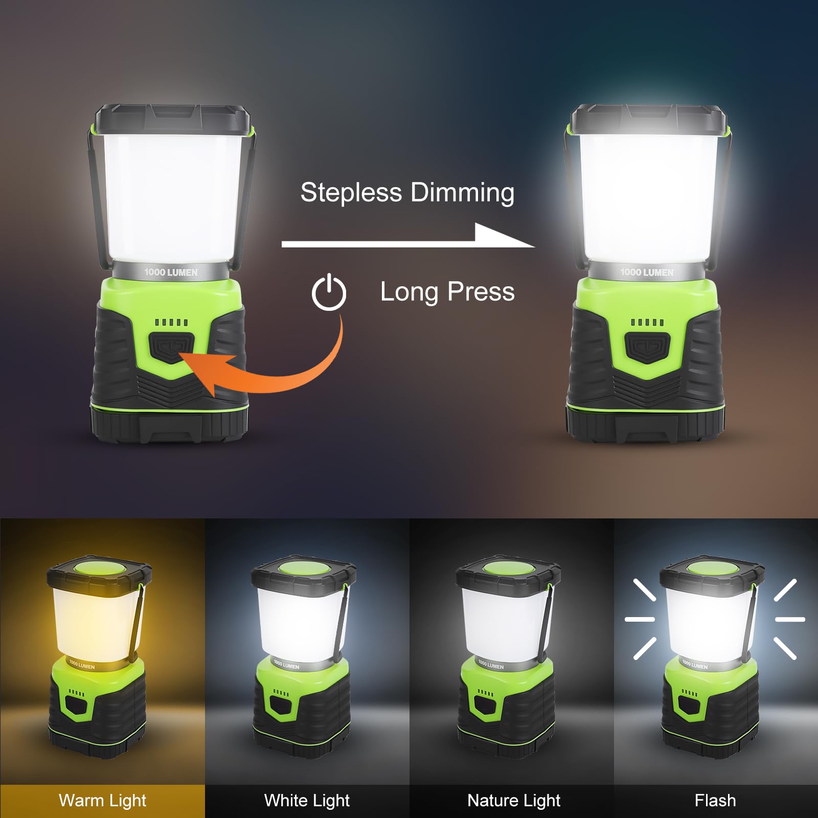 Linterna LED de camping, 1000 lúmenes, 4 modos de luz, funciona con pilas, IPX4 impermeable, linterna de emergencia regulable con indicador de batería para acampar al aire libre, senderismo