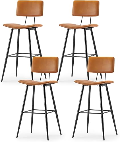 Miniatura 7 de Cozyman Bentwood - Juego de 2 taburetes de bar tapizados de cuero de litchi negro con respaldo, reposapiés y patas de metal, sillas de 24.5 pulgadas