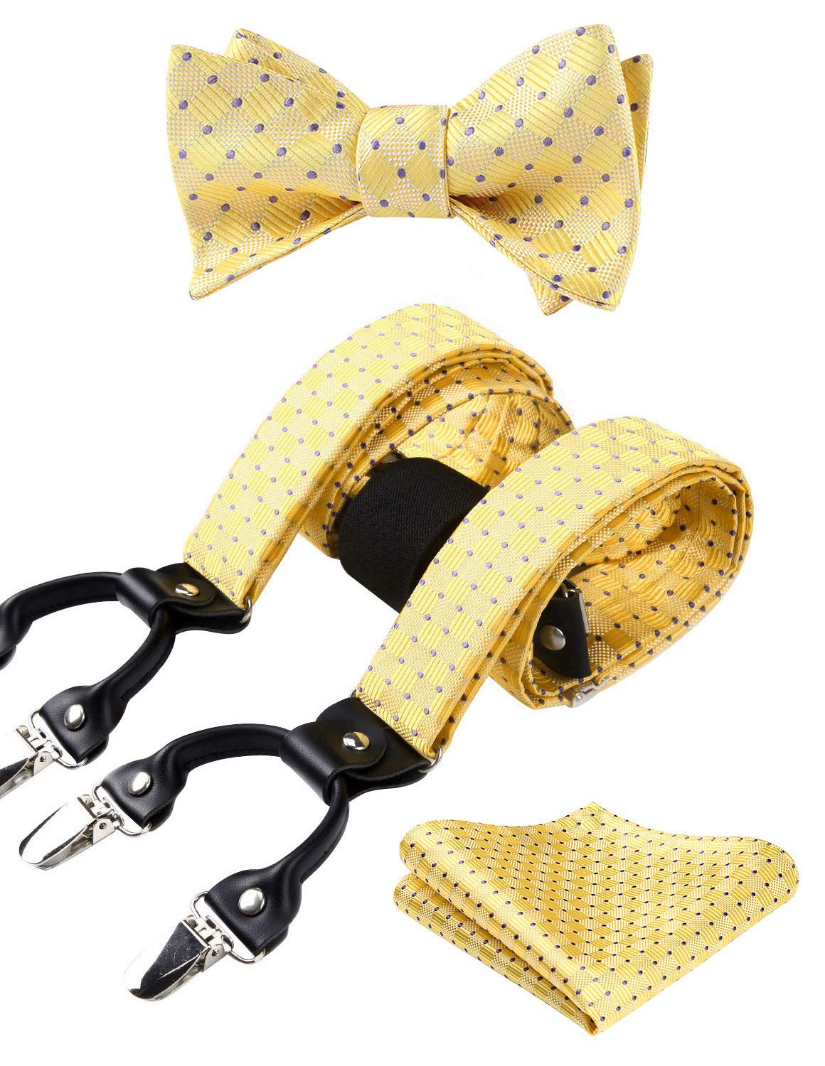 Men's Brace for Trousers with 6 Strong Clips Check Plaid Y Shape Braces & Bow Tie & Pocket Square Set Adjustable Suspender