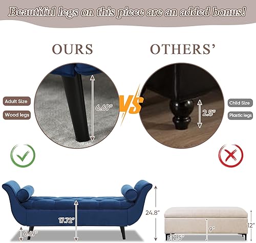 Miniatura 8 de Banco de almacenamiento para dormitorio, banco de pie de cama, tamaño King, largo y moderno tapizado de terciopelo, bancos otomanos con brazo para