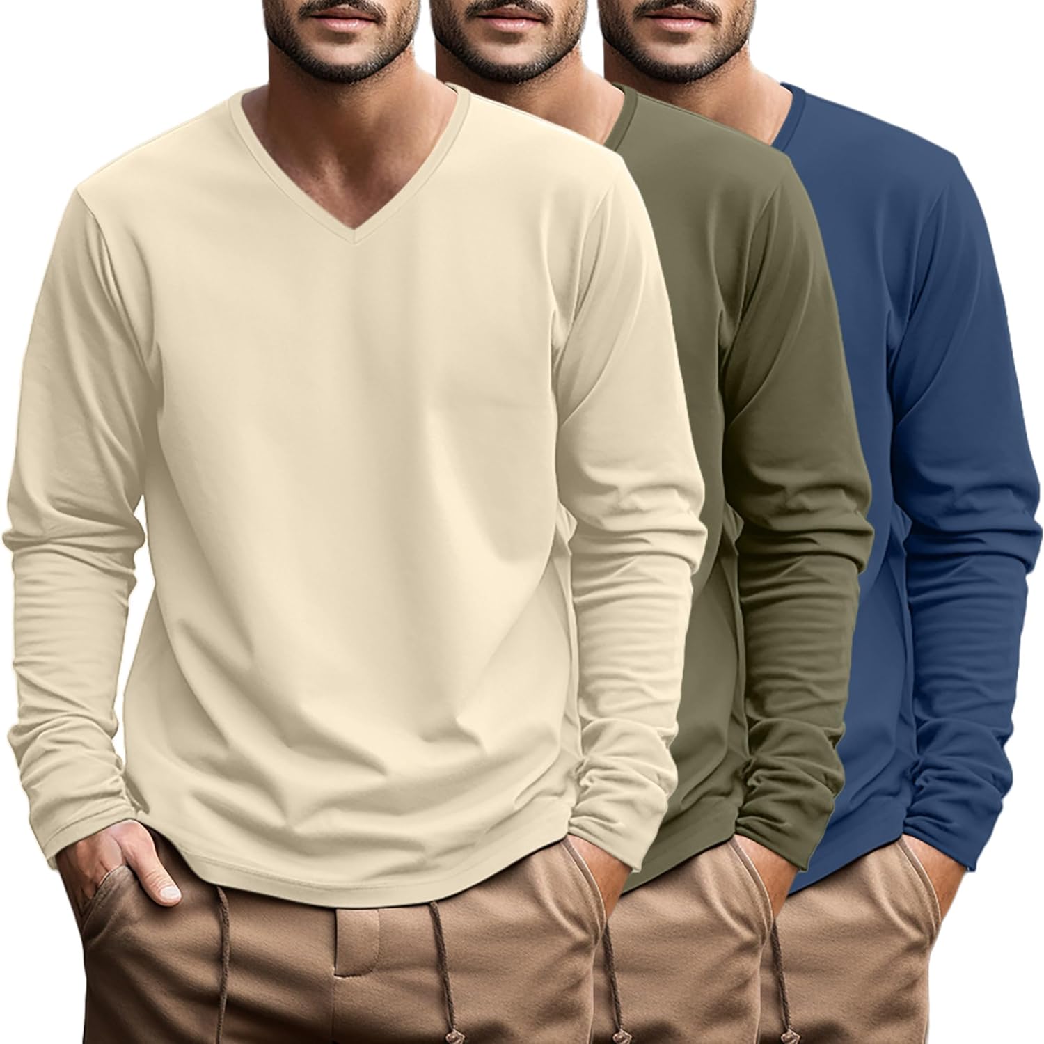 Ficerd 3 Pack Big and Tall Shirts for Men V Neck Cotton Long Sleeve Tee L-7XL Casual Loose Tops Oversized Basic T Shirts