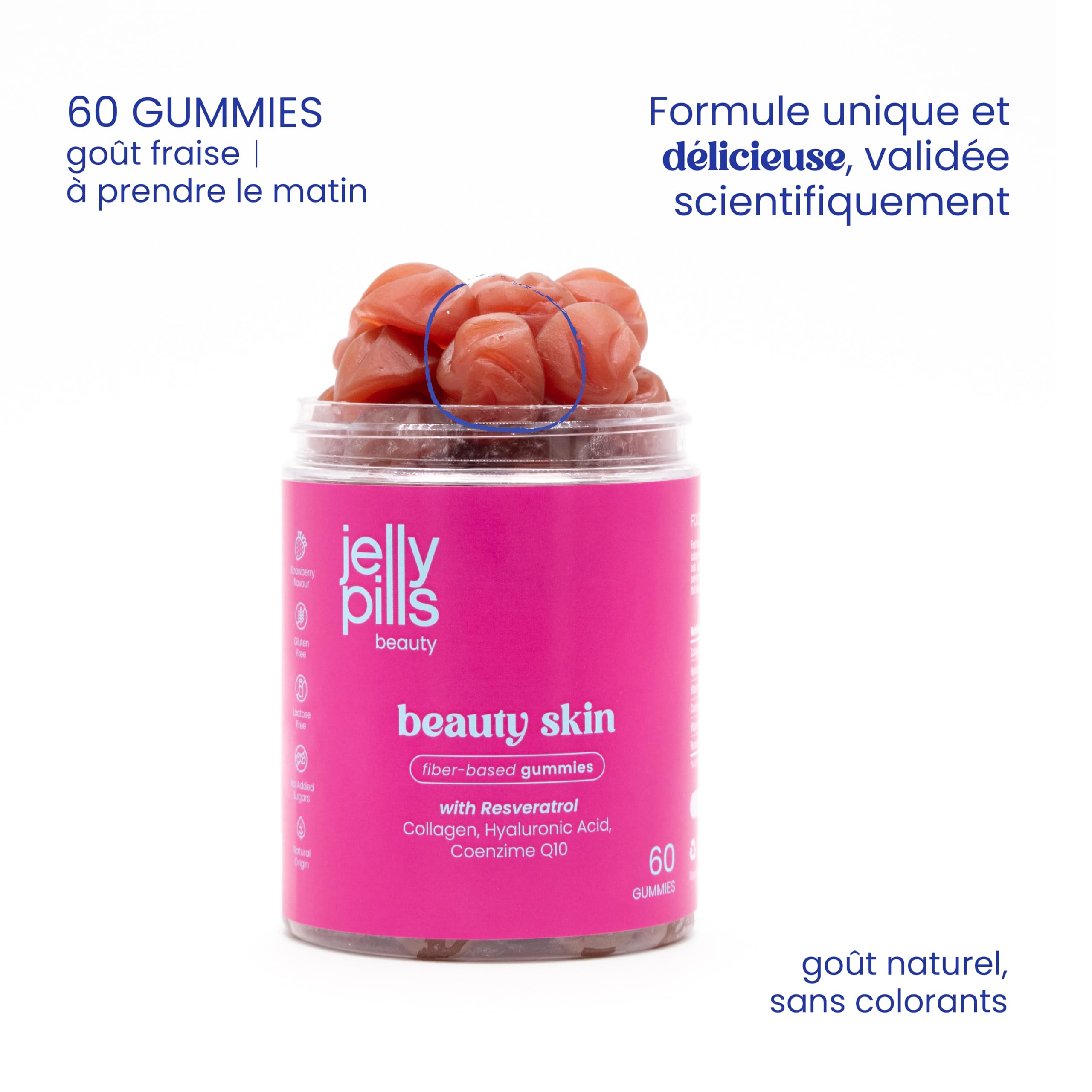Jelly Pills Gummies beauté avec 500 mg de collagène, 50 mg de resvératrol, acide hyaluronique, coenzyme Q10, vitamines C & E - 60 gummies - sans sucres ajoutés - goût fraise