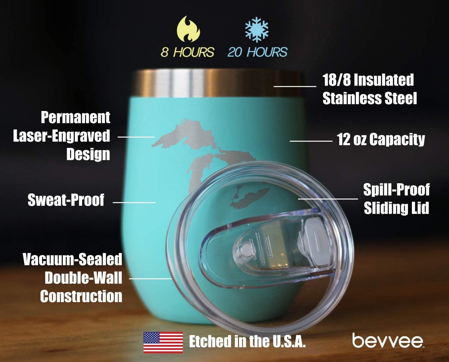 Bevvee Great Lakes Map Wine Tumbler with Sliding Lid - Stemless Stainless Steel Insulated Cup - Cute Outdoor Camping Mug - Teal - Image 4