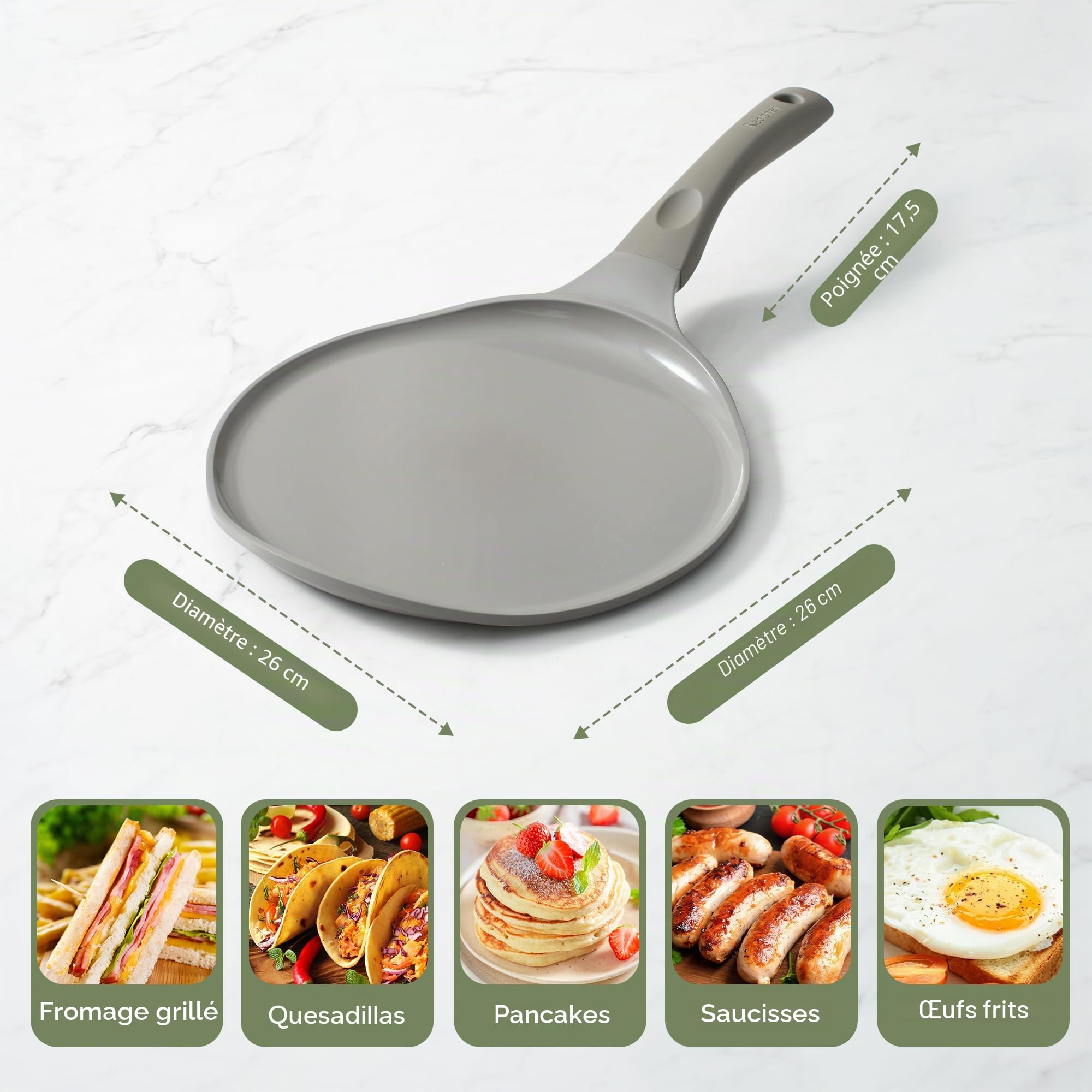 Redchef Poêle à crêpes, 26 cm, en céramique antiadhésive, sans PTFE, sans PFOA, résistante aux rayures, passe au lave-vaisselle, grise