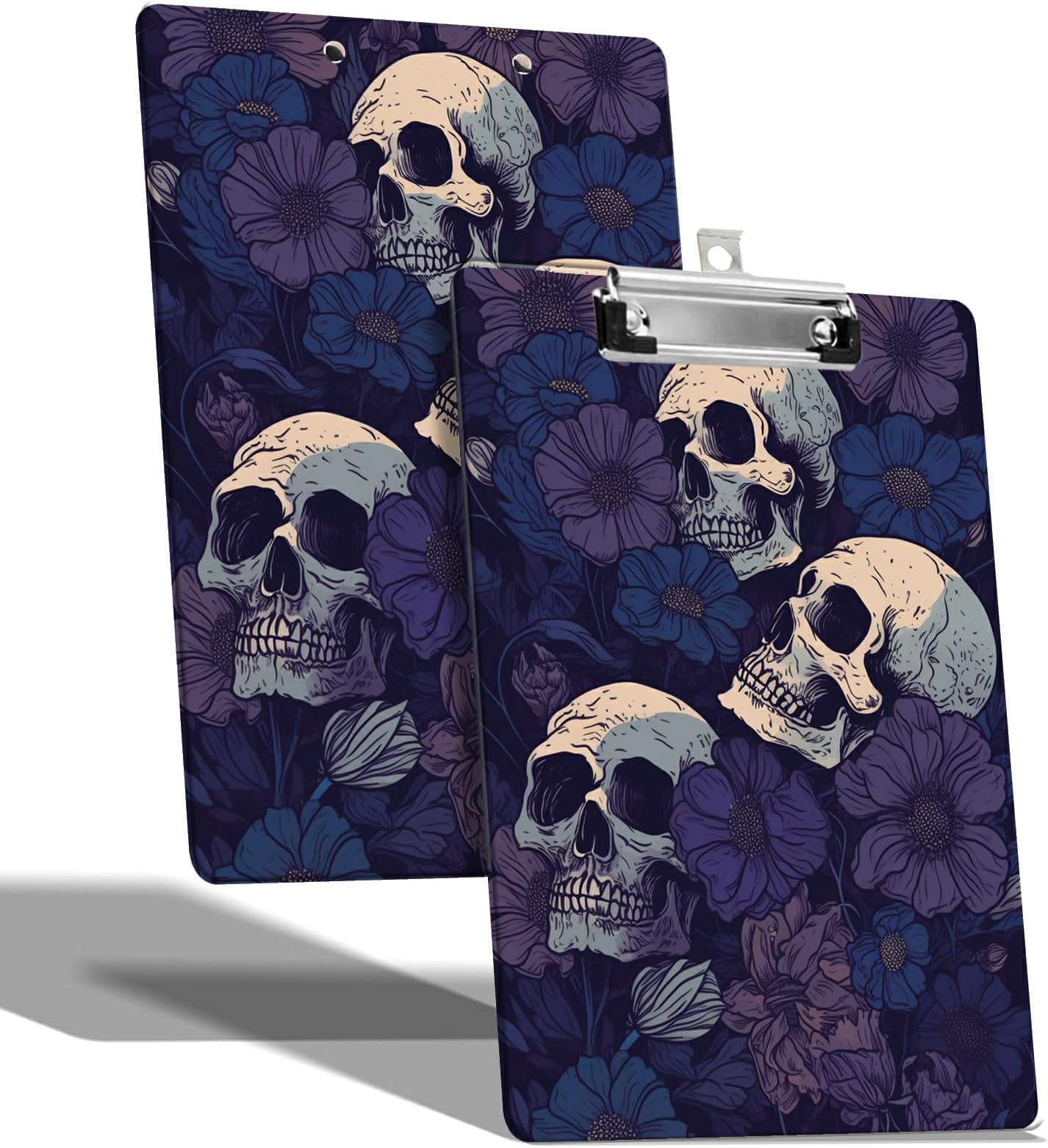 A4 Size Clipboard with Hanging Hook and Low Profile Clip, Plastic Nurse Clipboard Writing Drawing Board with Double-Side Dark Purple Skull Print for Woman Kids Office School Use