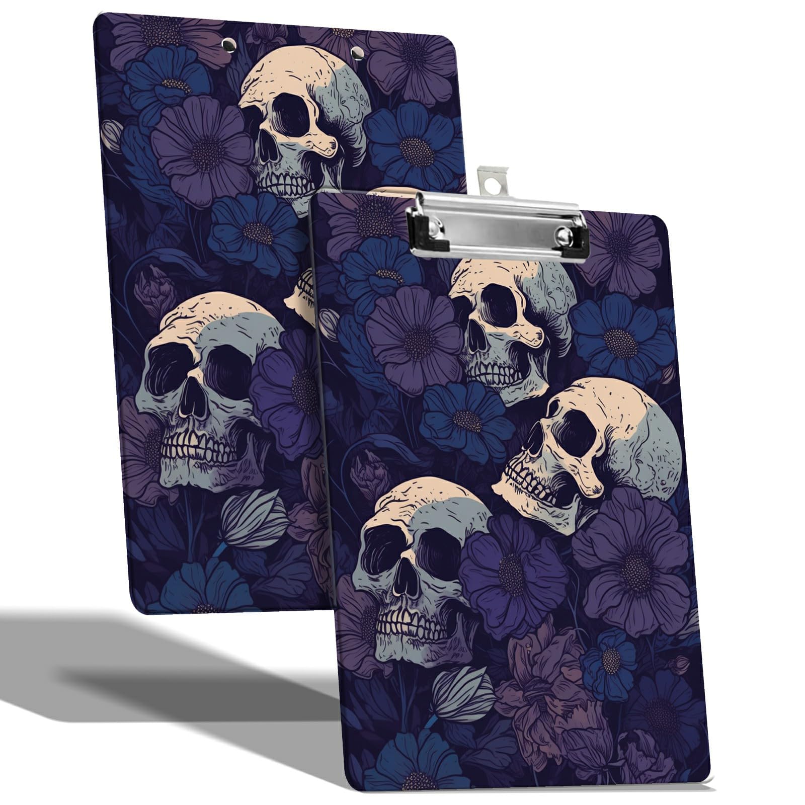 A4 Size Clipboard with Hanging Hook and Low Profile Clip, Plastic Nurse Clipboard Writing Drawing Board with Double-Side Dark Purple Skull Print for Woman Kids Office School Use