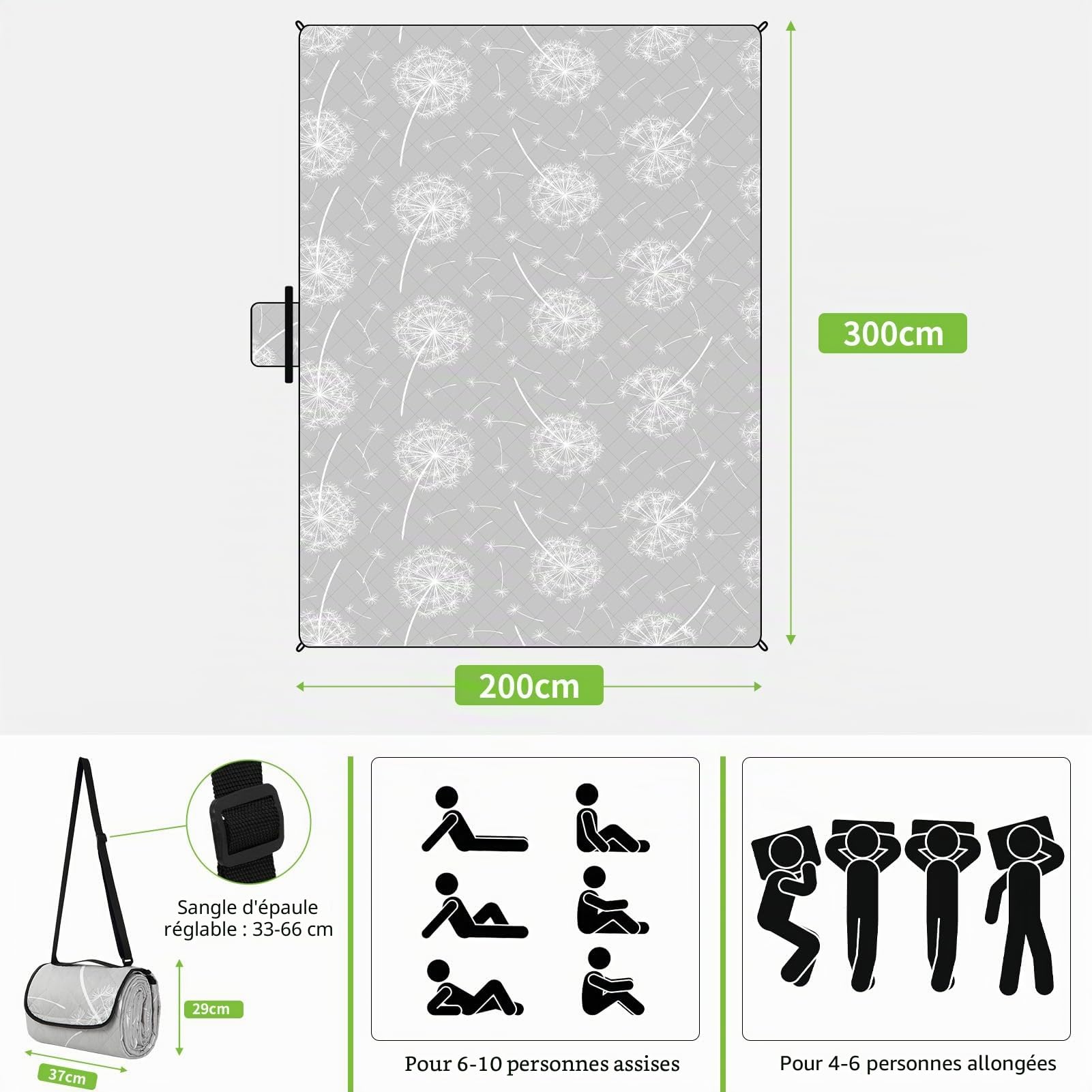 HAUSPROFI Couverture de pique-nique imperméable sans sable 200 x 300 cm - Tapis d'extérieur XXL extra large - Couverture de camping ultra légère - Portable - Gris