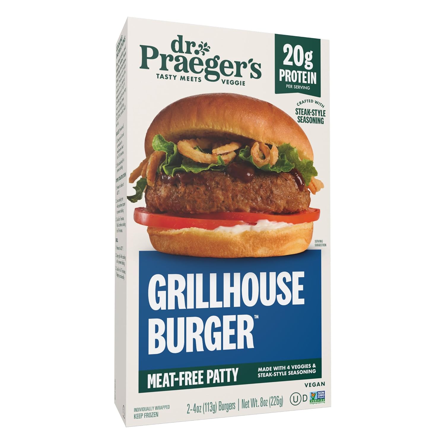 Dr. Praeger's Grillhouse Burger 8oz - Juicy Meatless Veggie Patties, High Protein Frozen Alternative