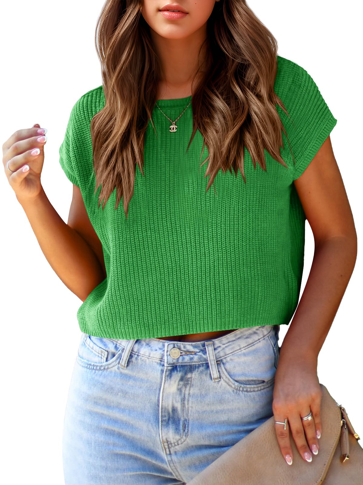 Womens Cap Sleeve Crop Tops Summer Trendy Going Out Crew Neck Loose Knit Cropped Sweater Vest Tank Top-image-22