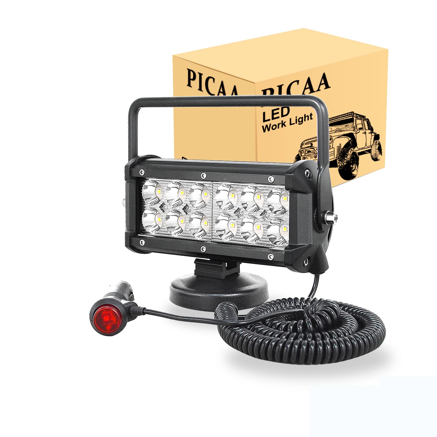 PICAA 1PCS 7 inch 36W Magnet Round Led Work Light Spot Beam Portable Magnetic Base Portable 12V 24V 6000K LED Driving Light Search Lights for Car Off road Truck 4x4 SUV ATV Tractors