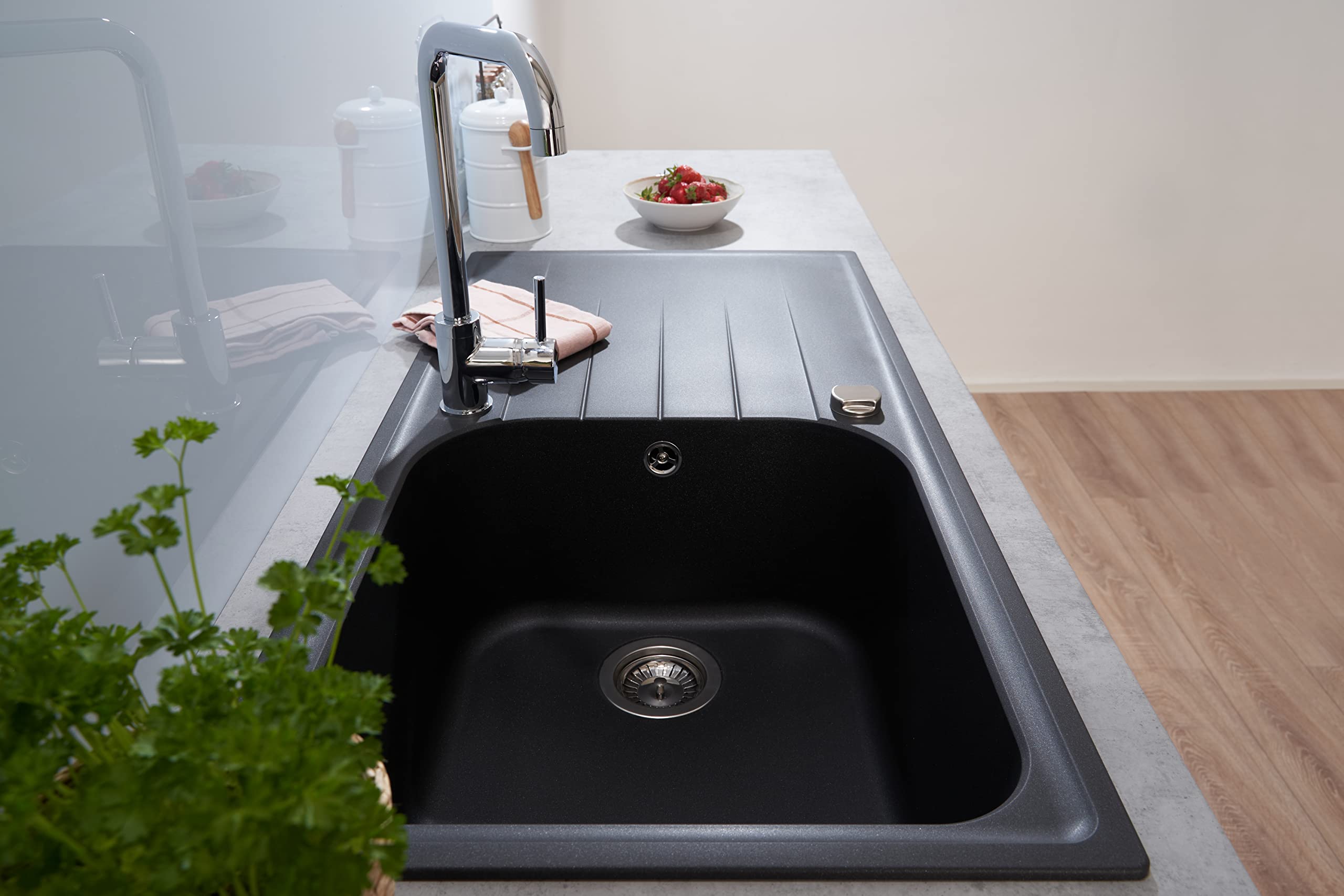 Respekta Lavello da Cucina Orlando in granito color Nero, Lavello da Incasso con 1 vasca, dimensioni 100 x 50 cm, Lavello Adatto per Mobili Sottolavello da 60 cm di Larghezza