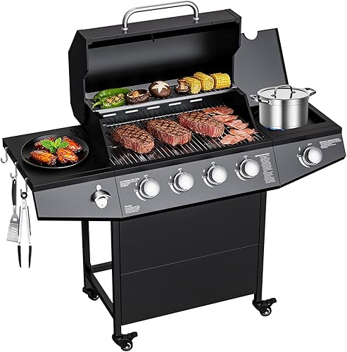 Miniatura 12 de Parrilla de propano de 3 quemadores, parrilla de gas propano de 30,000 BTU con dos mesas laterales, parrilla de barbacoa de acero inoxidable,