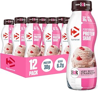 Dymatize x Baskin Robbins, Performance Protein Shake, Very Berry Strawberry, 30g Protein, 6.2g BCAA for Muscle Recovery, No Added Sugar, Low Fat, 24 Vitamins & Minerals, Gluten-Free, On-the-Go Snack, 11.5 fl oz (12 Pack)