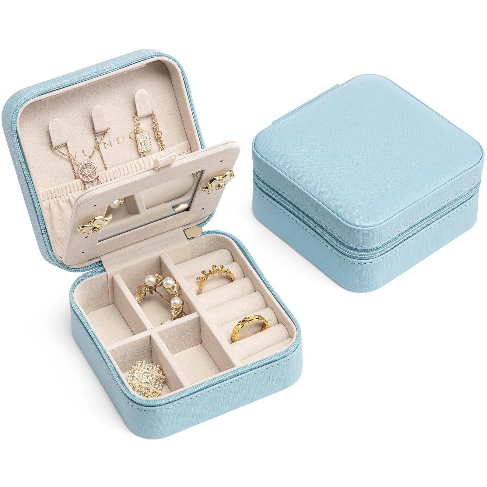 Small Faux Leather Travel Jewellery Box Organizer Display Storage Case for Rings Earrings Necklace with Mirror