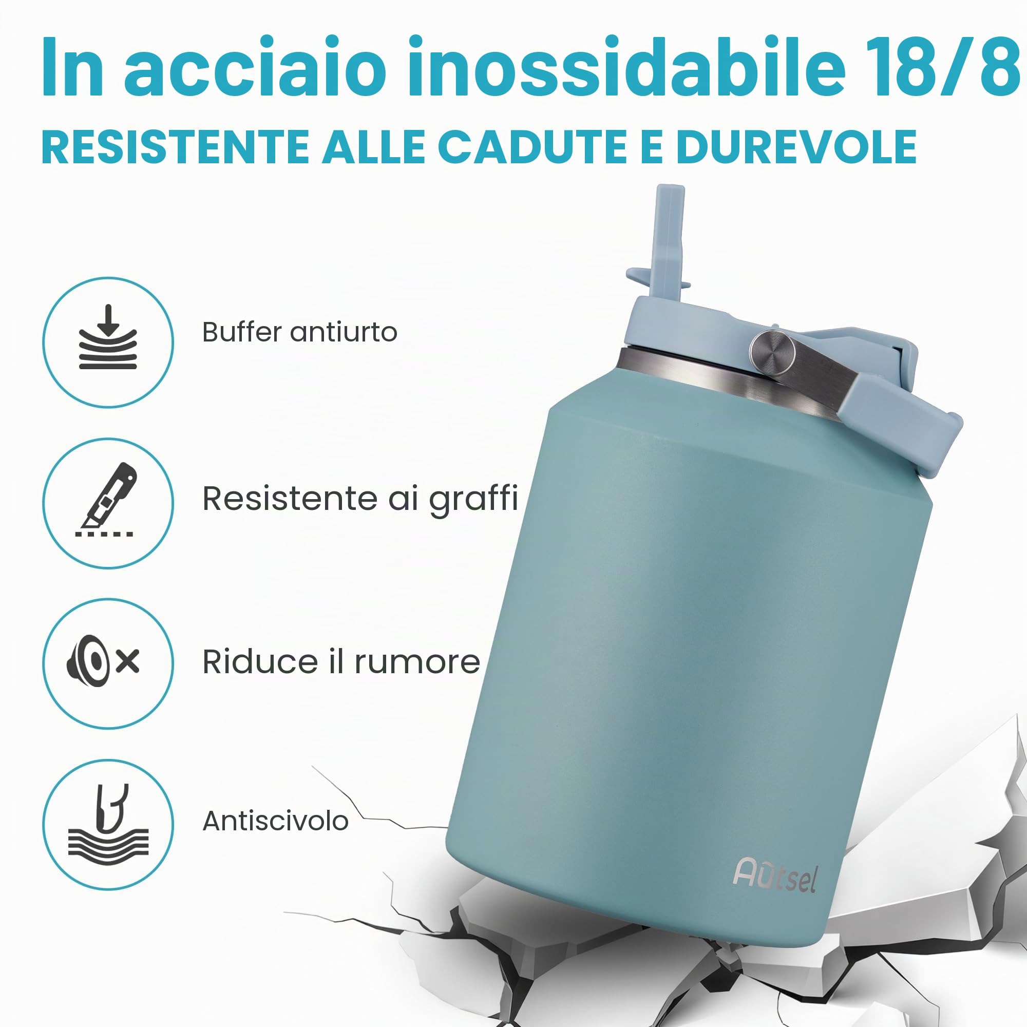 Borraccia Termica 2 litro Bottiglia Termica Senza Perdite Borraccia Palestra Sportiva in acciaio inox, rimanere fredde 24h o calde 12h, Senza BPA