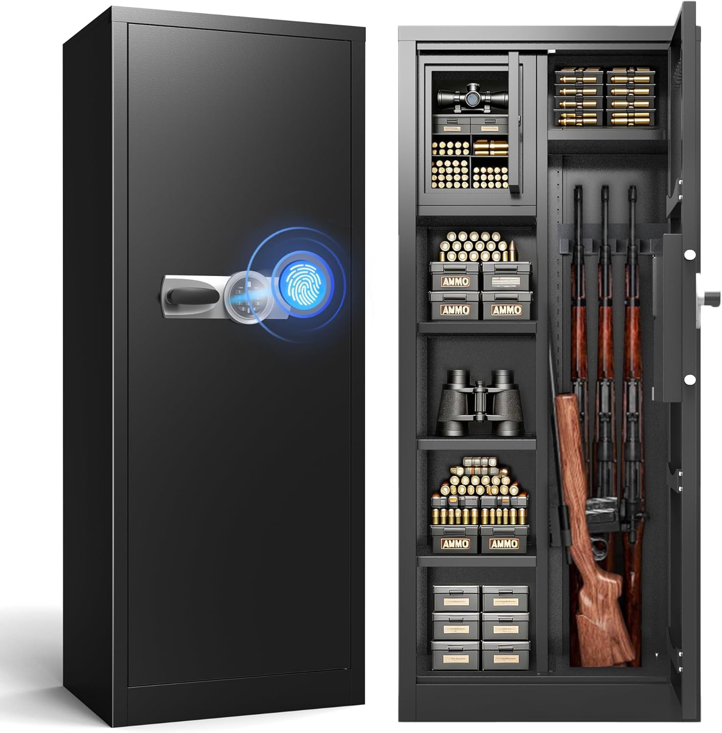 10-15 Rifle Gun Safe, Gun Safe for Rifles and Pistols with Fingerprint Lock, Multifunctional Storage Gun Cabinet for Home Garage, Large Gun Safes and Accessories Storage with Removable Gun Racks