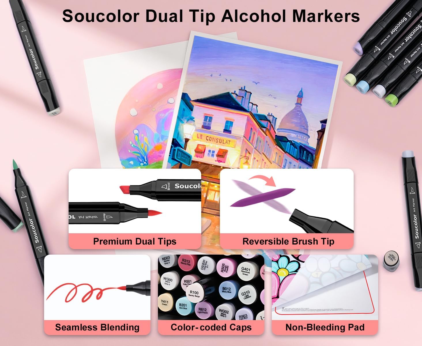 Soucolor 61 Colors Pastel Alcohol Based Markers Set | Professional Dual Tip Art Markers with Brush & Chisel Tips | Includes 1 Blender & Carry Case | For Artists, Adults Coloring, Drawing, Illustration - Image 9