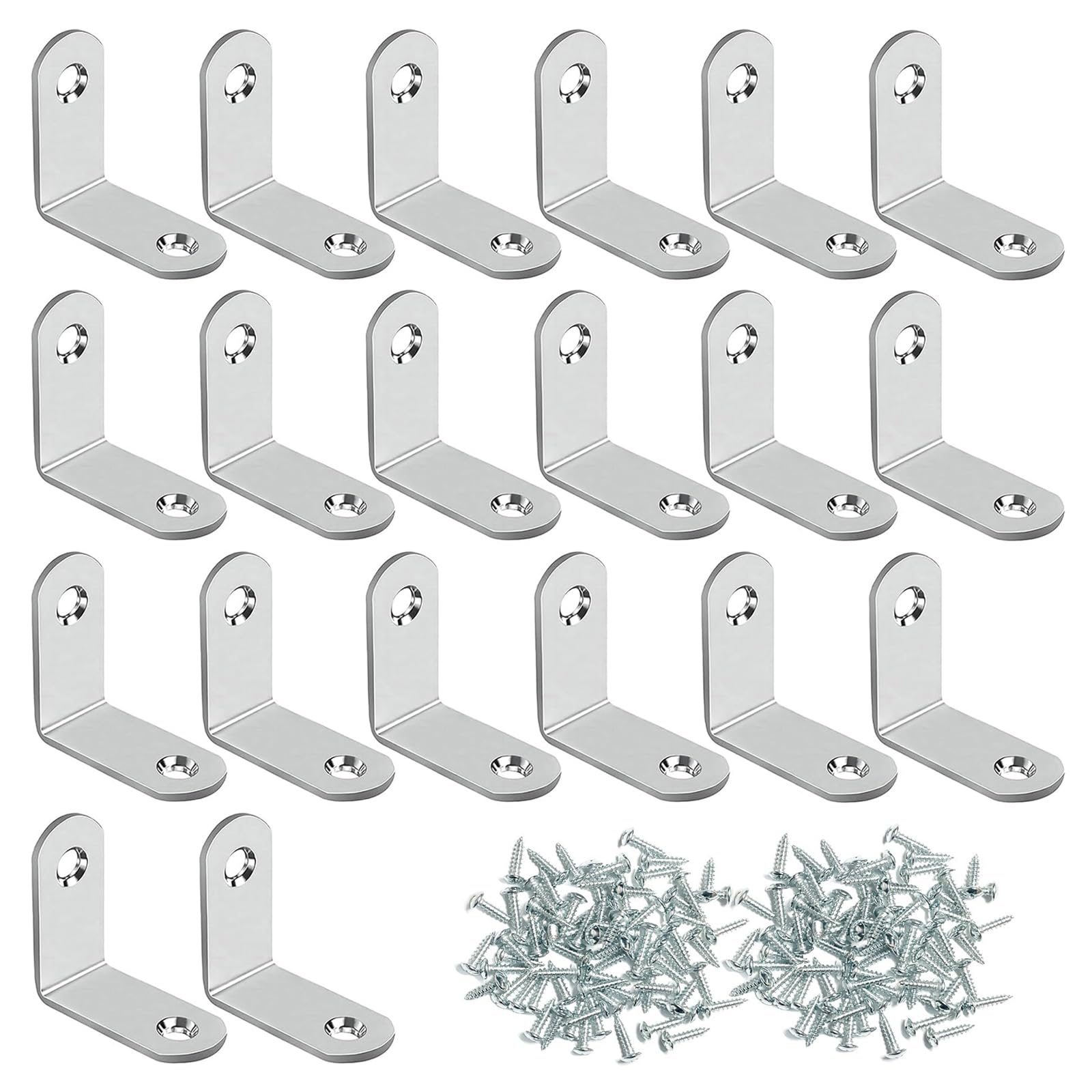 Ldzzuo 20 Pcs Angle Brackets, 90 Degree L Brackets for Wood, Corner Brace with 40 Screws, Stainless Steel Shelf Bracket for Fixing and Repairing Furniture (Silver, 30x30x16mm, 2 Holes)
