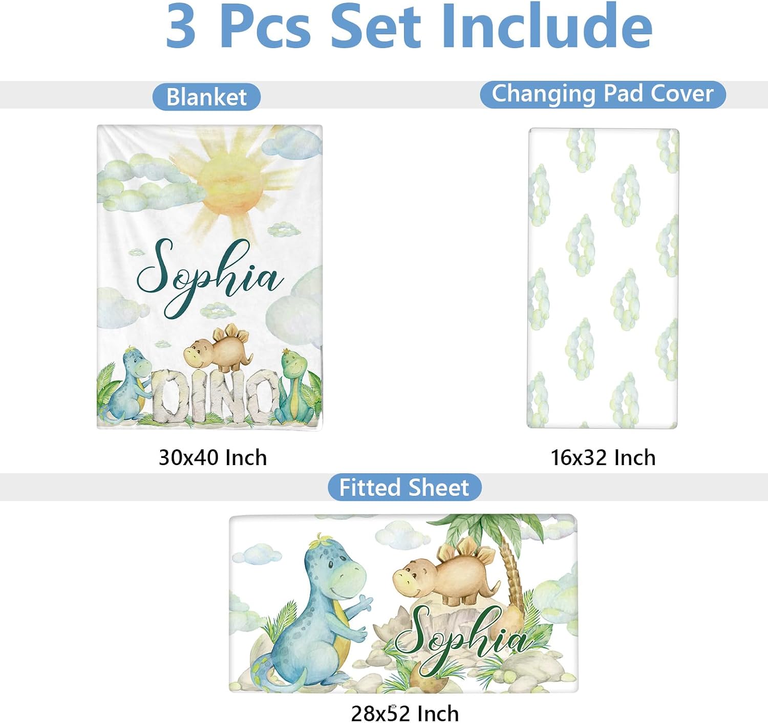 KAINSY Personalized Baby Crib Bedding Set, 3 Pcs Custom Baby Crib Set with Baby Name, Green Dino Baby Bedding Set, Nursery Bedding Set for Baby Boys, Customized Gifts for Kids Toddlers Infants
