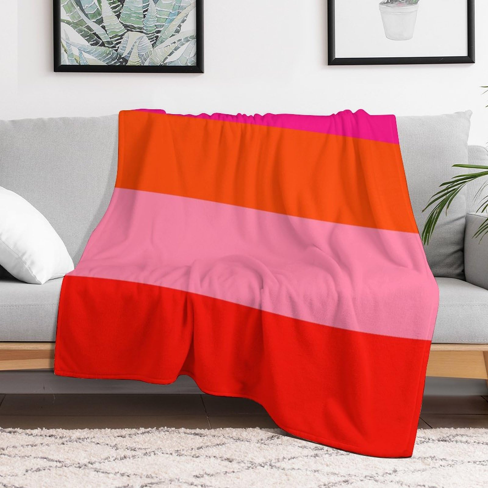 Weiche, gemütliche Überwurfdecke, Streifen in Pink und leuchtendem Orange, waschbar, leichte Decke für Couch, Sofa, Bett, Büro, warme Plüschdecken für alle Jahreszeiten, 152,4 x 203,2 cm
