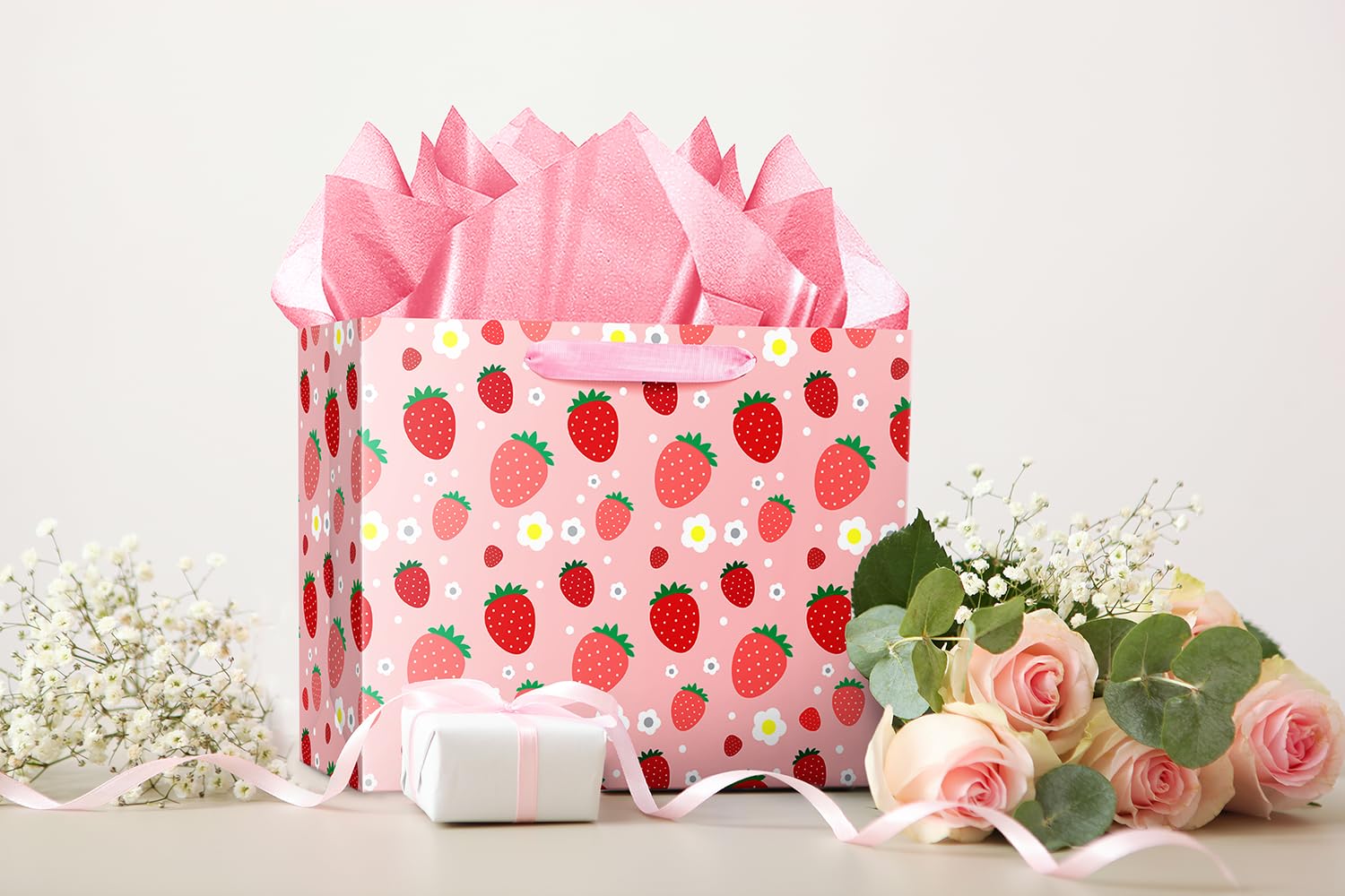 XiaosRen Large Strawberry Birthday Gift Bag with Tissue Paper and Card, Pink Gift Bag for Girls Kids Birthday, Baby Shower Party Supplies.