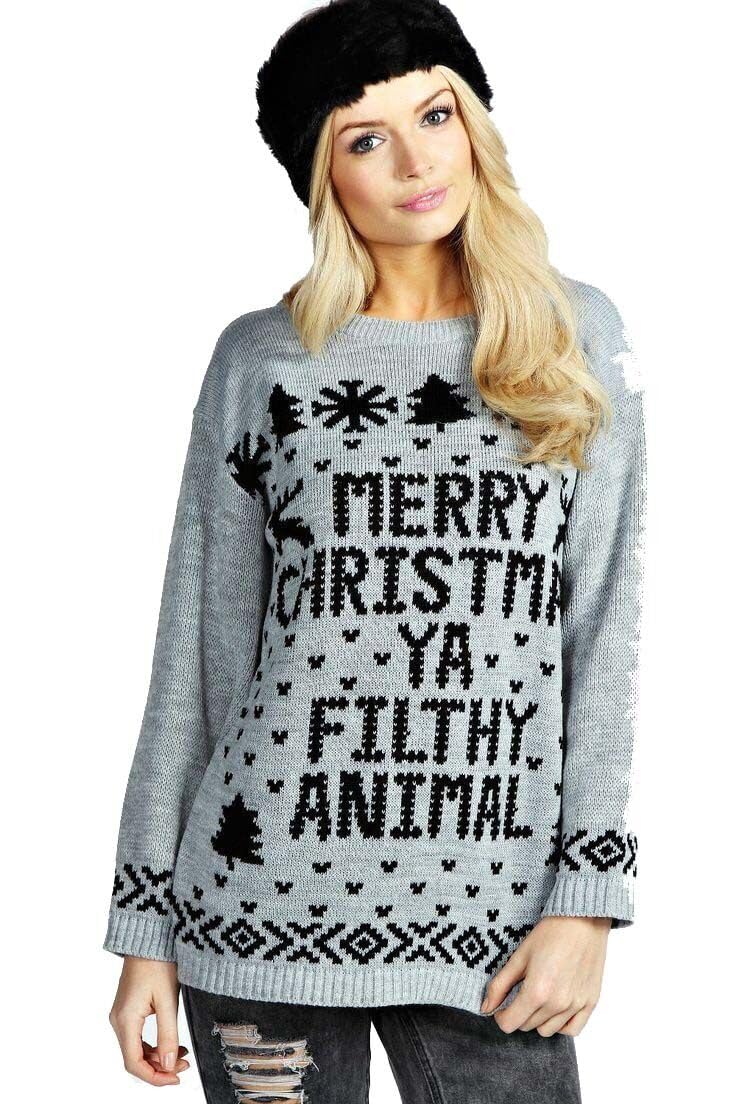 GOSTYLES® Womens Merry Christmas Ya Filthy Animal Jumper Funny Novelty Xmas Sweater, Ladies Festive Knitwear for Christmas Pullover Tops (Grey, XL)