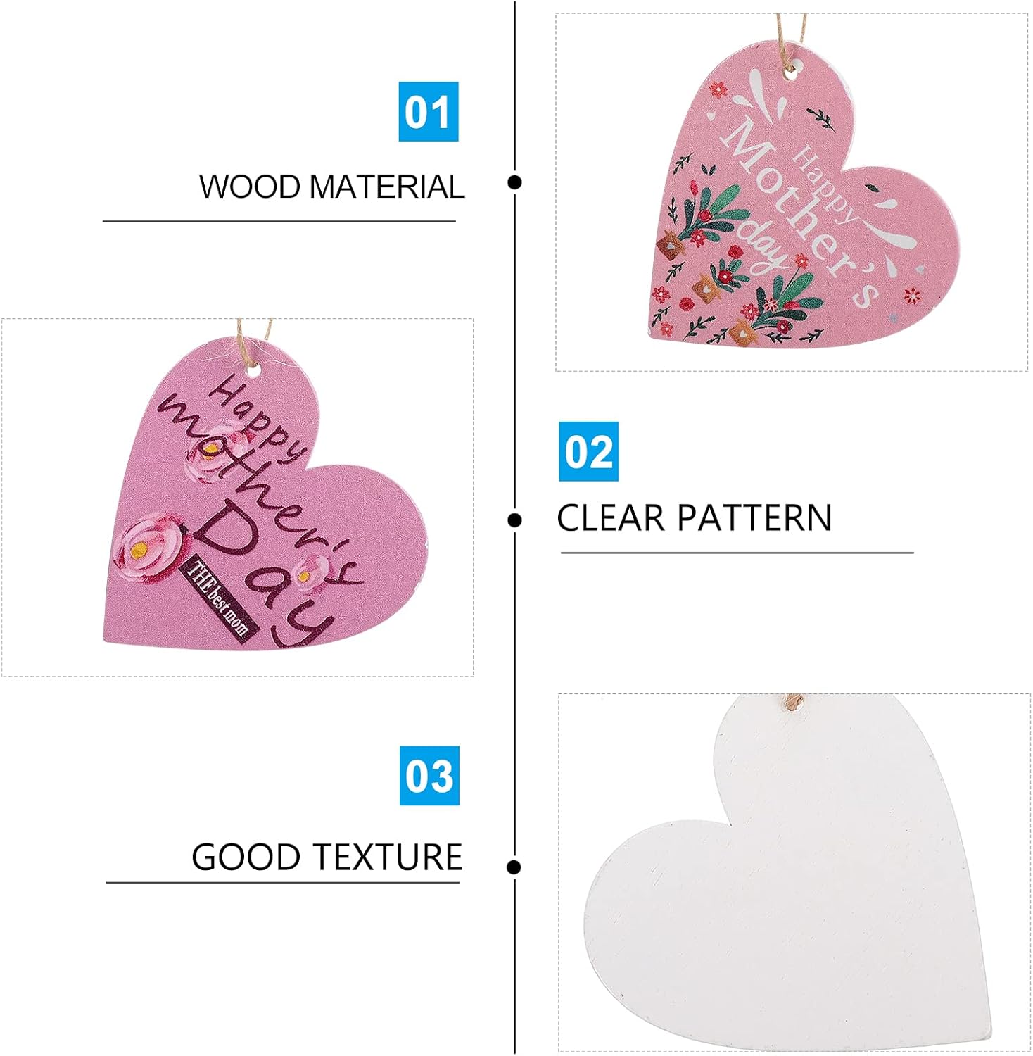 LUOZZY 48Pcs Mother's Day Wooden Ornament Happy Mother's Day Heart Shaped Hanging Ornament Wood Signs Pendant Embellishment Heart Tags Mother's Day Decorations