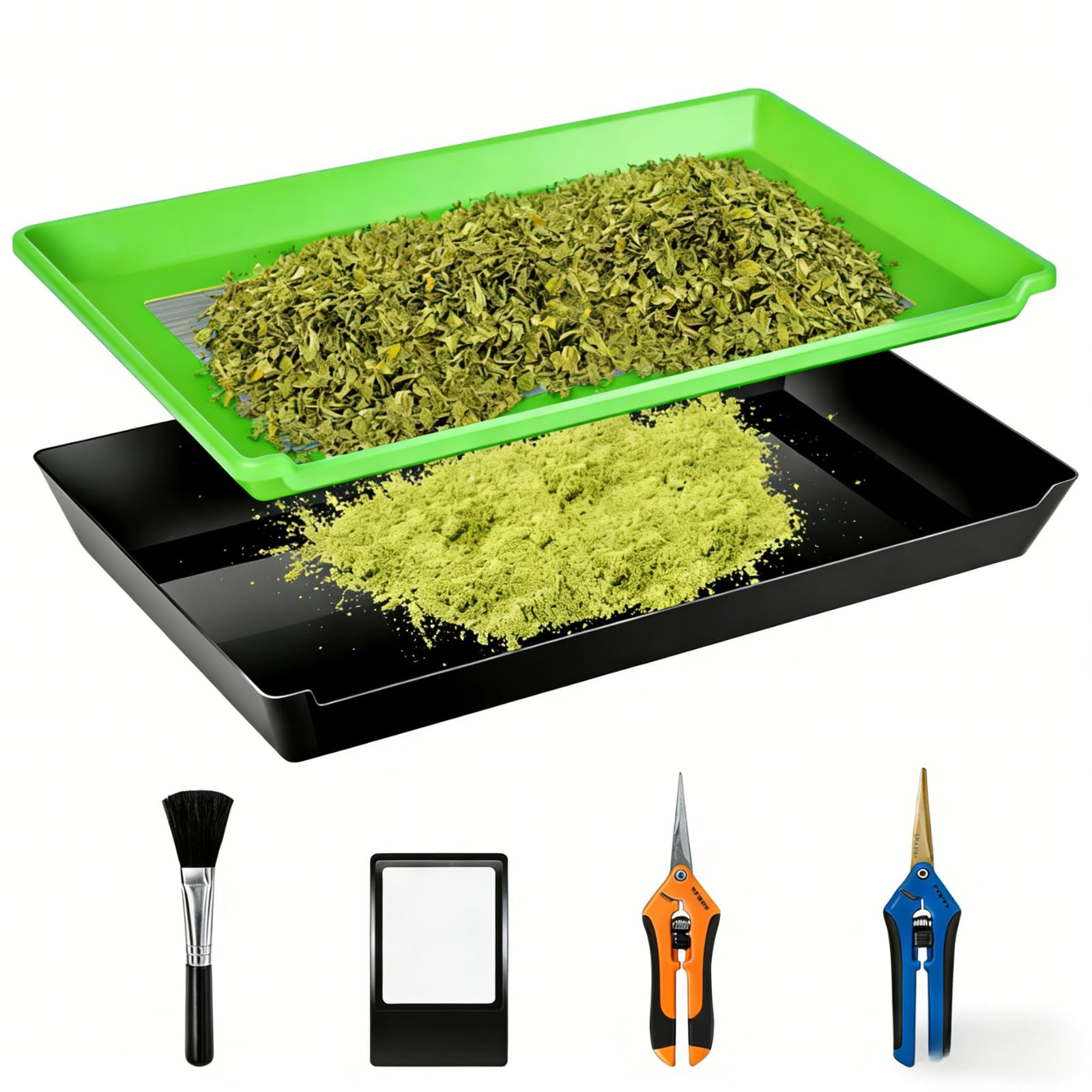 Trim Bin Pollensieb mit 150 Mikron Edelstahlsieb (15x10 Zoll) - Trimmschale Komplettset mit 2 Scheren, Bürste & Lupe für Pollen, Kräuter-Trimming und -Sammlung